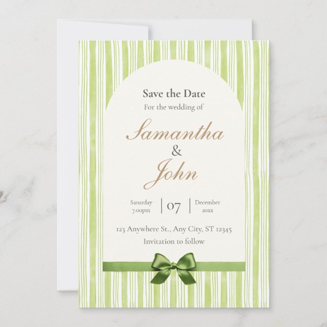 Convite Green Stripe with Arch Wedding Save the Date Cards (Frente)
