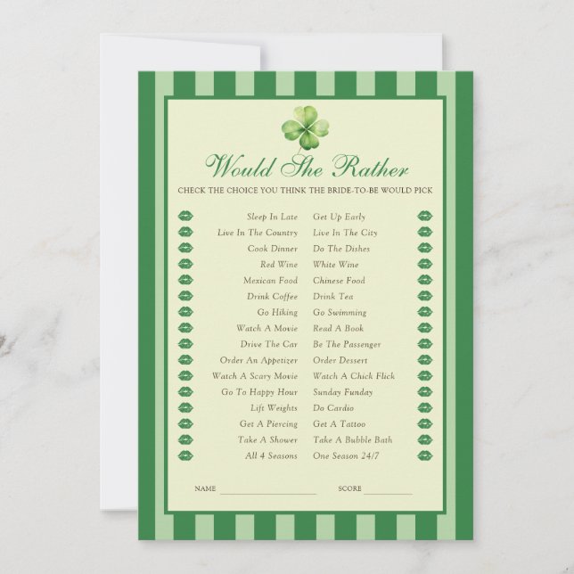 Convite Green Striped Clover Would She Rather Game Card (Frente)