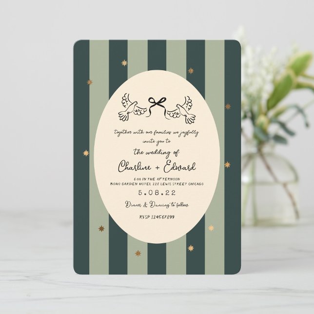 Convite Green Striped Gold Star Wedding  (Criador carregado)