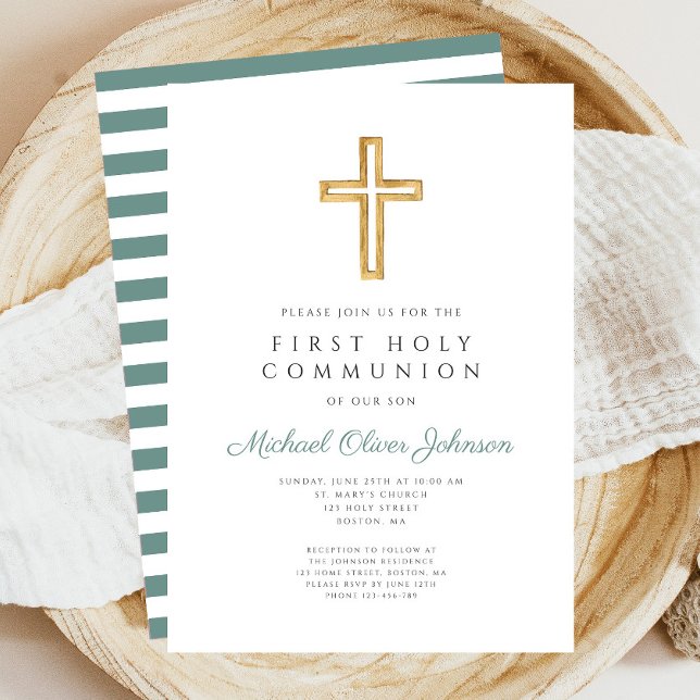 Convite Green Stripes cruza primeira comunhão religiosa (Green Stripes Cross Religious First Communion Invitation)