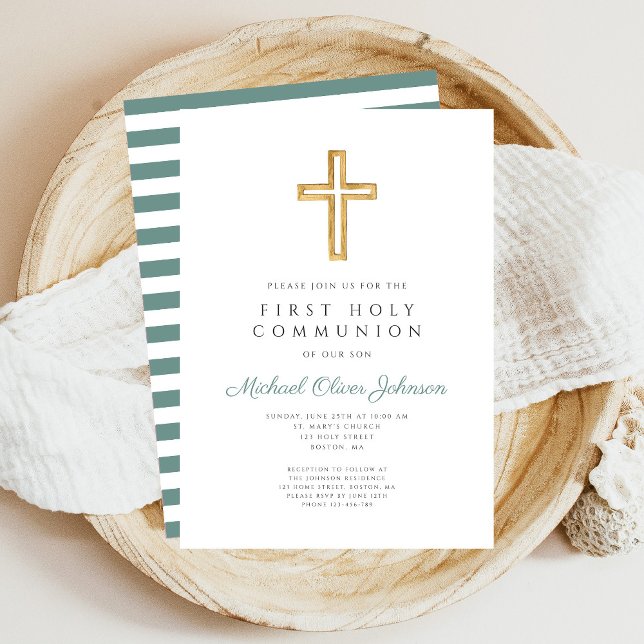 Convite Green Stripes cruza primeira comunhão religiosa (Green Stripes Cross Religious First Communion Invitation)