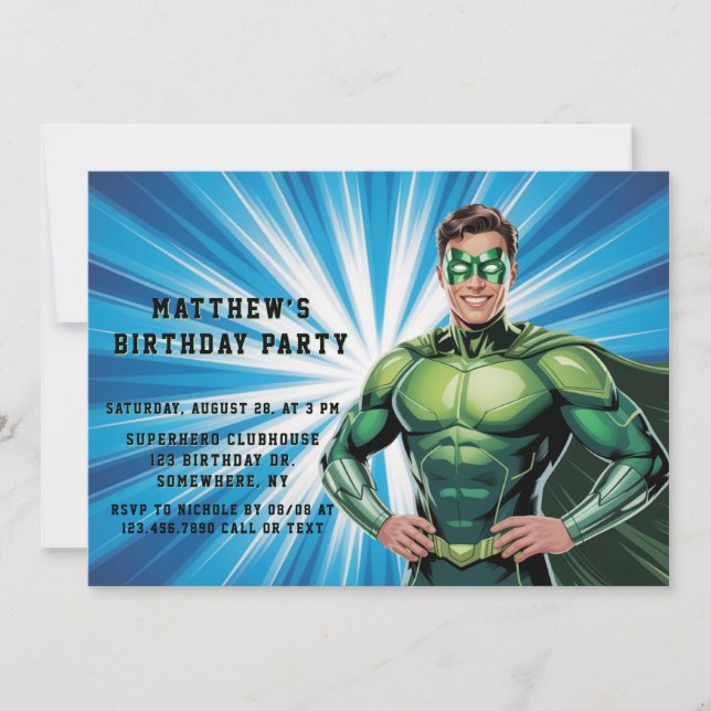 Convite Green Superhero Boys Birthday Party (Frente)