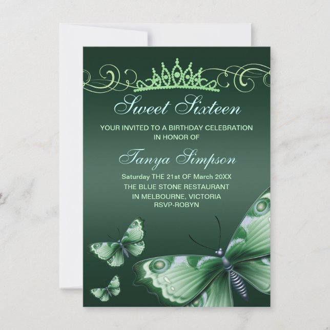 Convite Green Sweet16 Butterfly & Tiara Birthday Invite (Frente)
