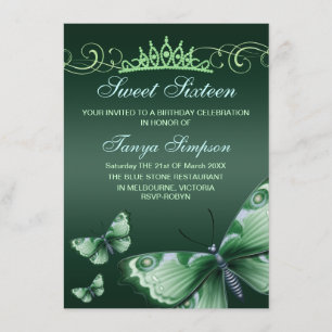 Convite Green Sweet16 Butterfly & Tiara Birthday Invite
