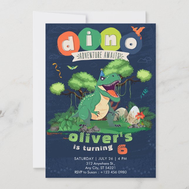 Convite Green T-rex Adventure 6th Birthday Invitation   (Frente)