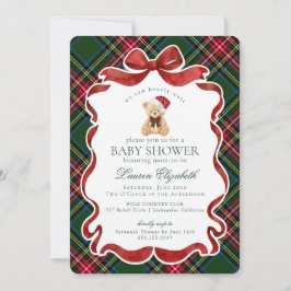 Convite Green Tartan Plaid Christmas Bear Baby Shower