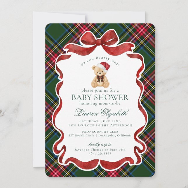 Convite Green Tartan Plaid Christmas Bear Baby Shower (Frente)