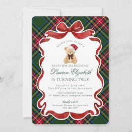 Convite Green Tartan Plaid Christmas Bear Birthday