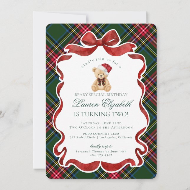 Convite Green Tartan Plaid Christmas Bear Birthday (Frente)