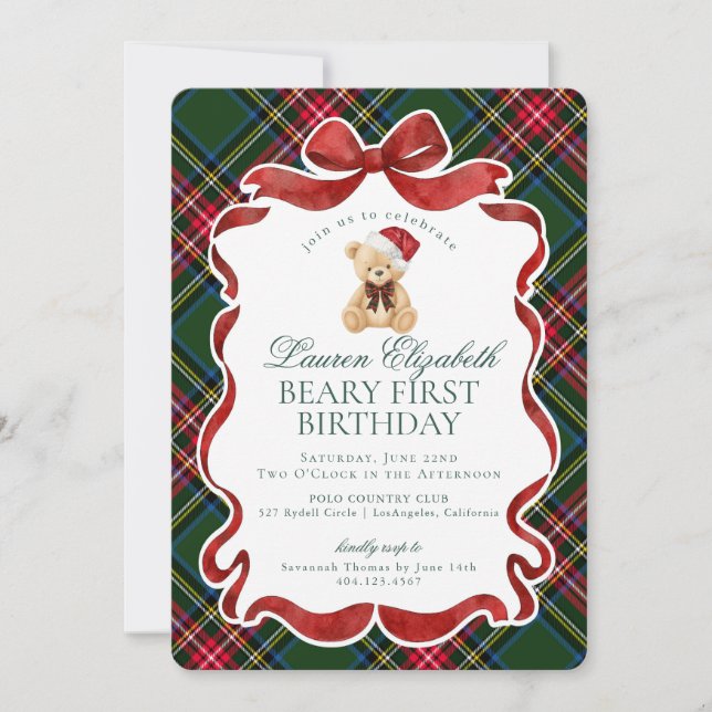 Convite Green Tartan Plaid Christmas Beary First Birthday (Frente)