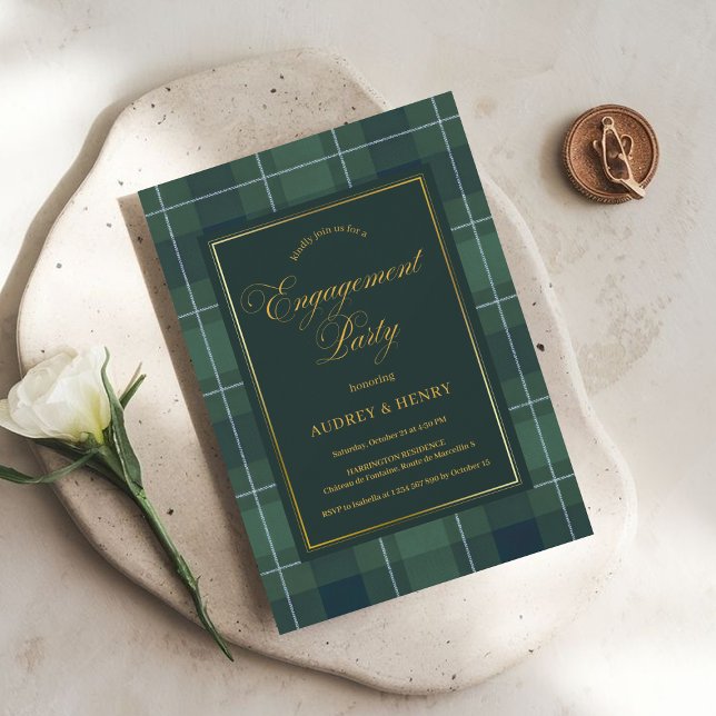 Convite Green Tartan Polo Plaid Vintage Engagement Party (Criador carregado)