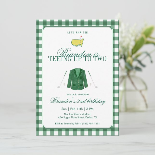 Convite Green Teeing Up To Two Golf 2nd Birthday Gingham (Em pé/Frente)