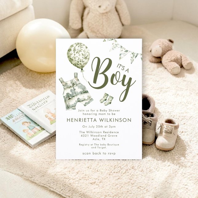 Convite Green Toile de Jouy Boy Baby Shower Invitation (Criador carregado)