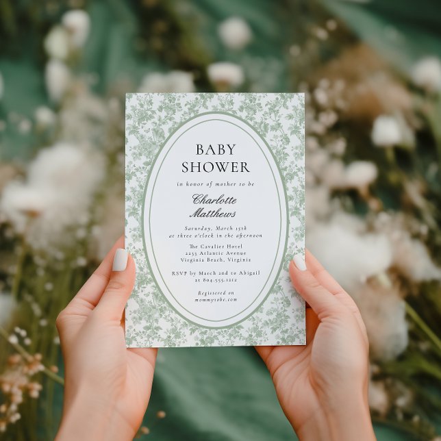 Convite Green Toile De Jouy  Floral Photo  Baby Shower  (Criador carregado)