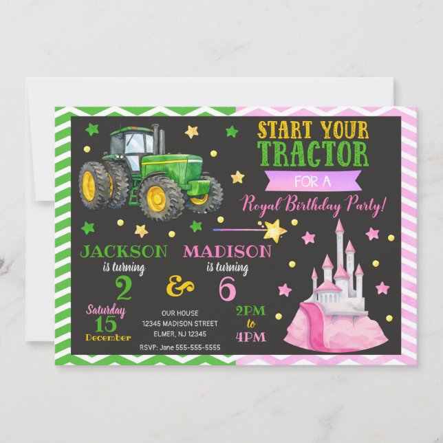 Convite Green Tractor and Princess Joint Birthday (Frente)