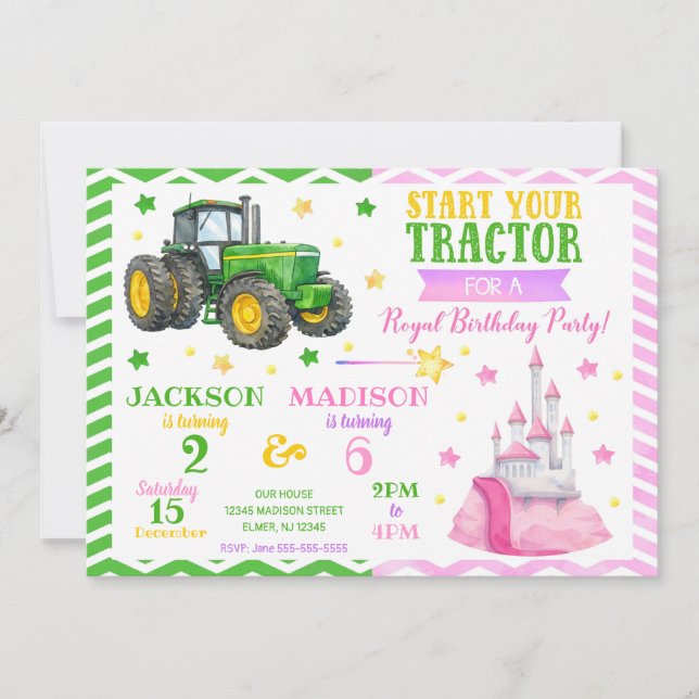 Convite Green Tractor and Princess Joint Birthday (Frente)