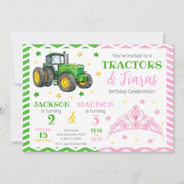 Convite Green Tractor and Princess Joint Birthday (Frente)