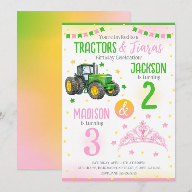 Convite Green Tractor and Princess Siblings Joint Birthday (Frente/Verso)