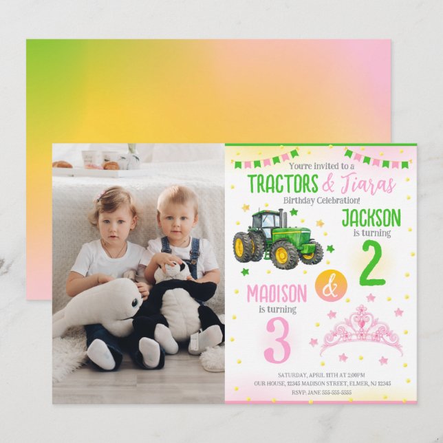 Convite Green Tractor and Princess Siblings Joint Birthday (Frente/Verso)