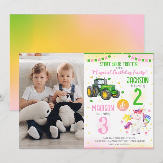 Convite Green Tractor and Unicorn Siblings Joint Birthday (Frente/Verso)