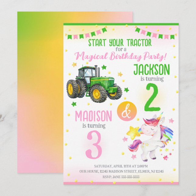 Convite Green Tractor and Unicorn Siblings Joint Birthday (Frente/Verso)