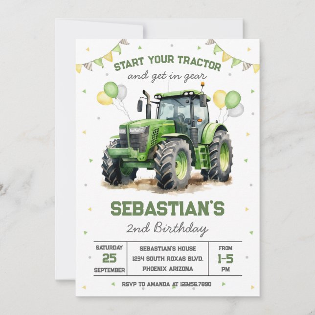 Convite Green Tractor Boy Birthday Invitation (Frente)