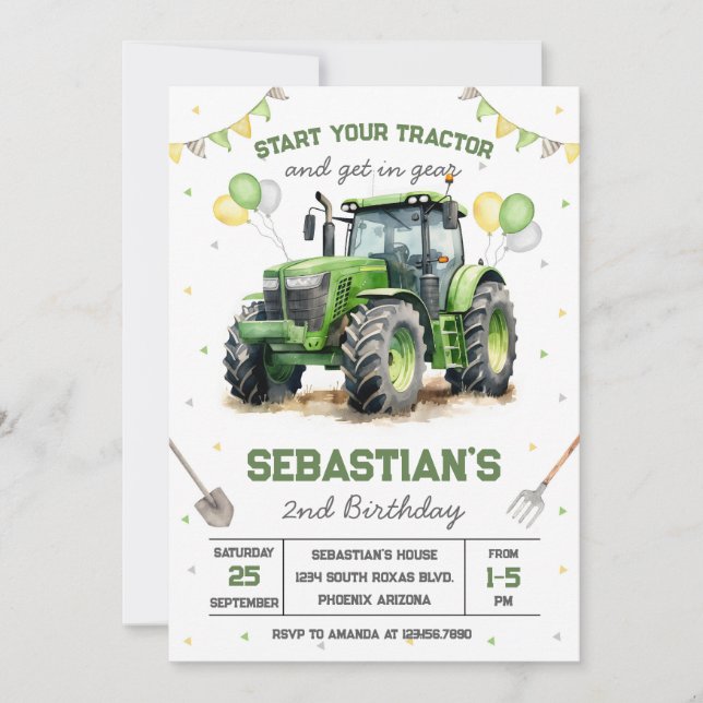 Convite Green Tractor Boy Birthday Invitation (Frente)