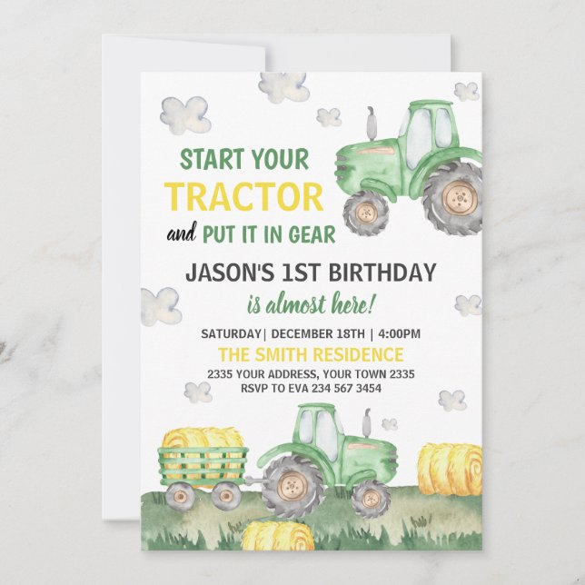 Convite Green Tractor Farm Boy Birthday Party (Frente)