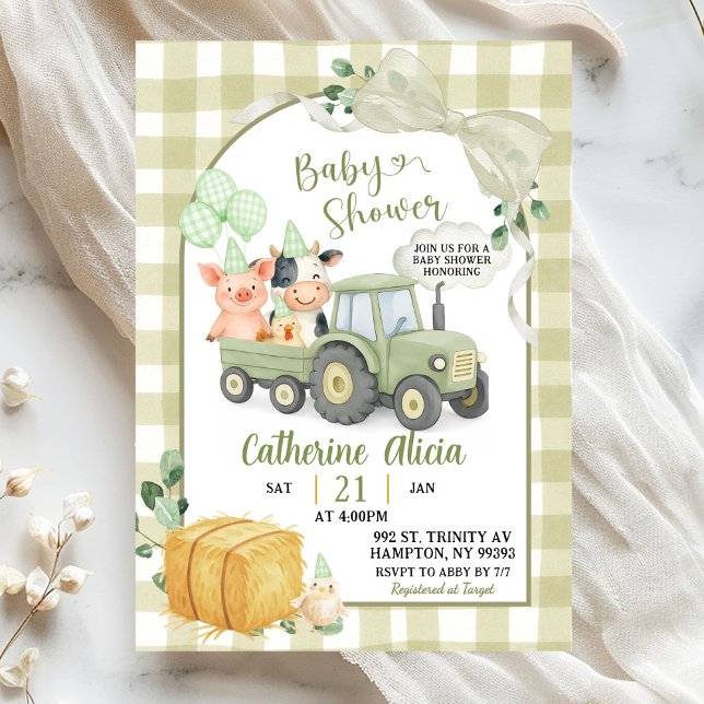 Convite Green Tractor Gingham Coquette Farm Baby Shower (Criador carregado)