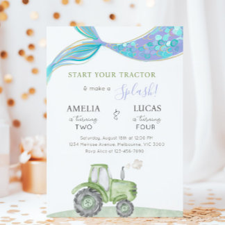 Convite Green Tractor & Mermaid Siblings Joint Birthday