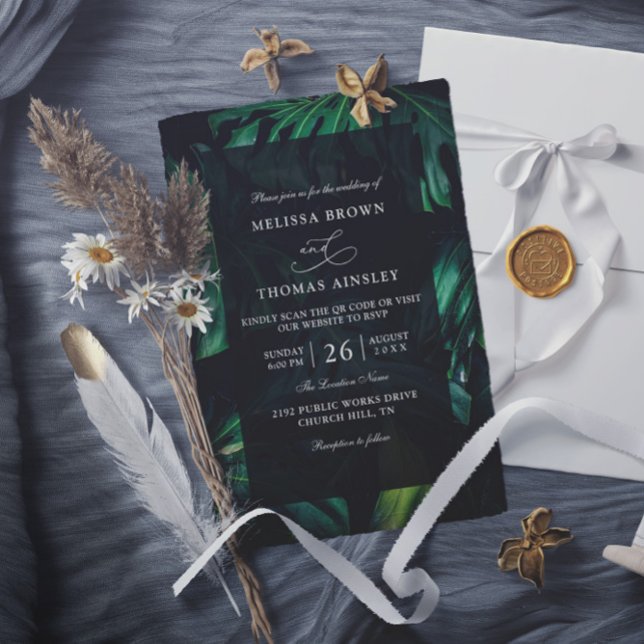 Convite Green Tropical Elegant Chic Budget QR Code Wedding (Criador carregado)