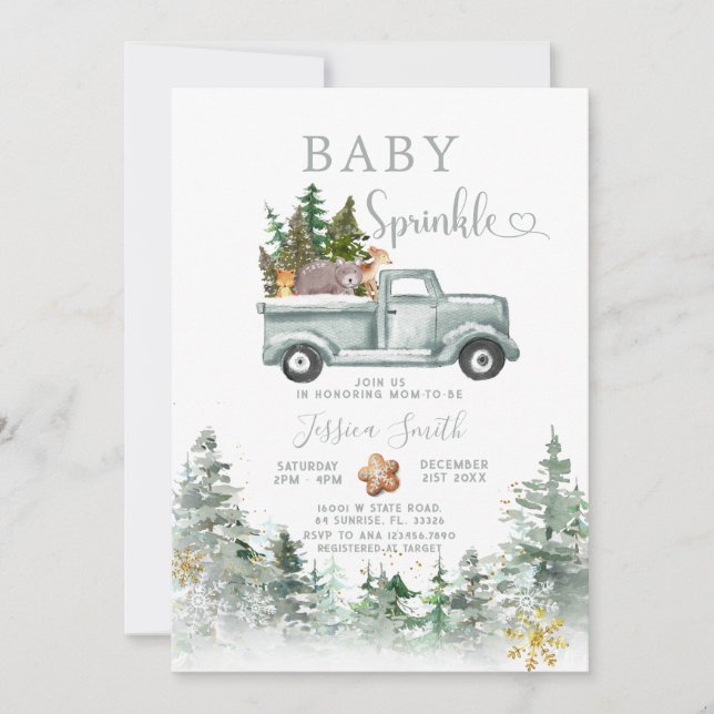 Convite Green Truck Winter Forest Animals Baby Sprinkle (Frente)