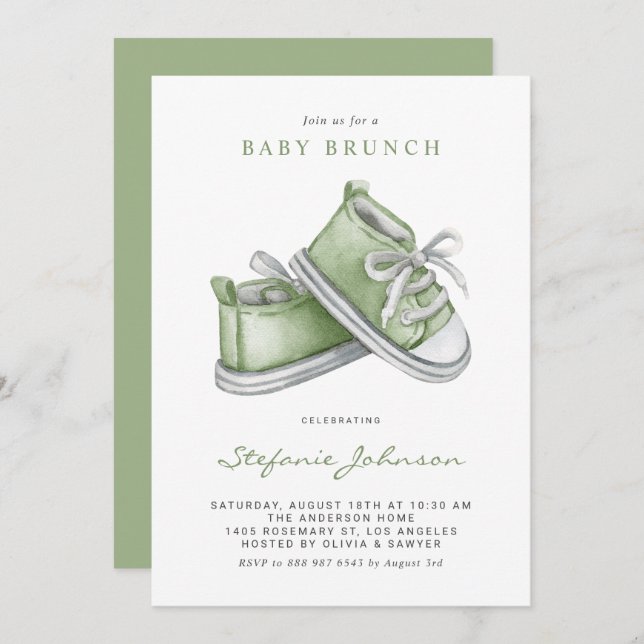 Convite Green Watercolor Baby Calçados Baby Brunch (Frente/Verso)