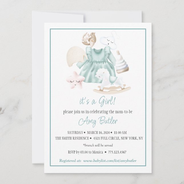 Convite Green Watercolor Baby Girl Shower Invitation (Frente)