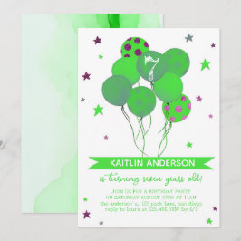 Convite Green Watercolor Balloons Girl 7th Birthday Party
