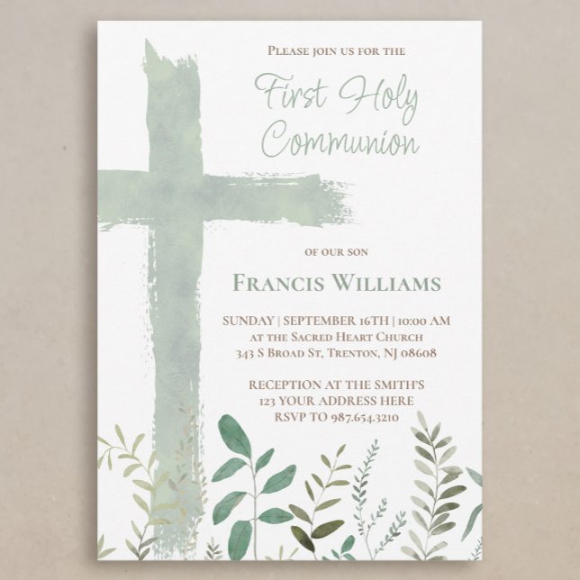 Convite green watercolor cross First Communion (Criador carregado)