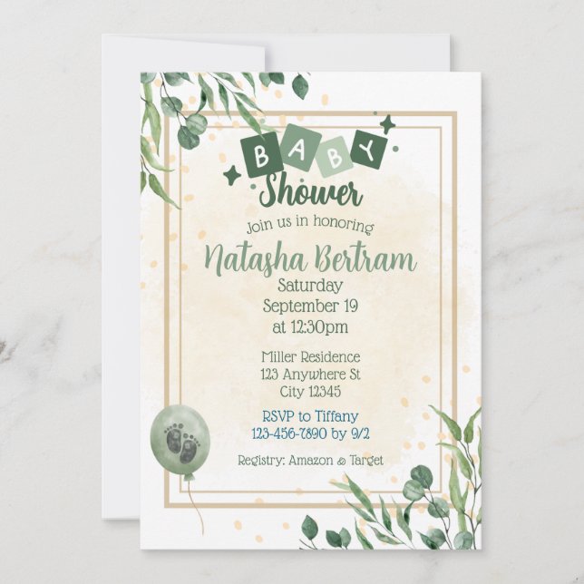 Convite Green Watercolor Floral Leaves Baby Shower (Frente)