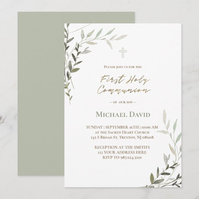 Convite green watercolor foliage First Holy Communion (Frente/Verso)