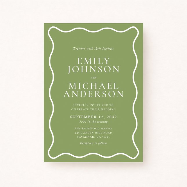 Convite Green Wavy Border Wedding Invitation (Criador carregado)