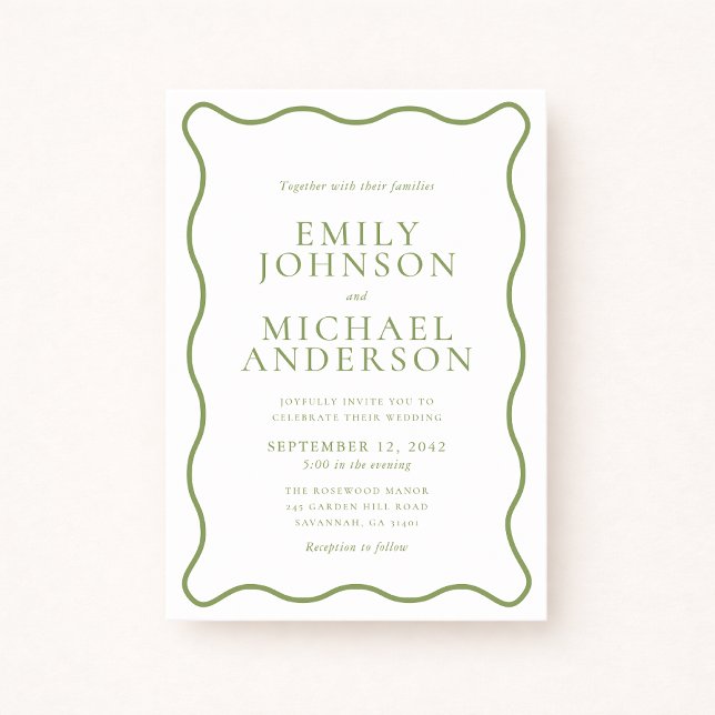 Convite Green Wavy Outline Wedding Invitation (Criador carregado)