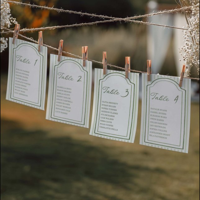 Convite Green Wedding Striped Table Seating Chart Cards (Criador carregado)