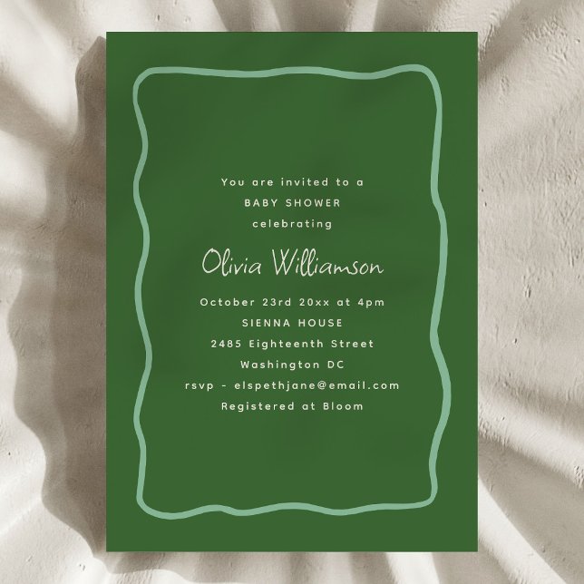Convite Green Whimsy Wavy Border Modern Script Baby Shower (Criador carregado)