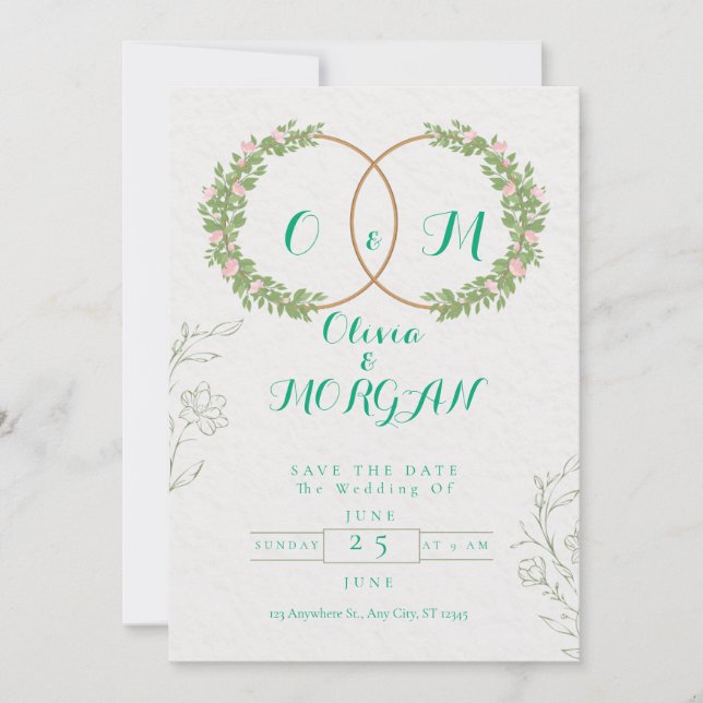 Convite Green & White Botanical Wedding Invite (Frente)