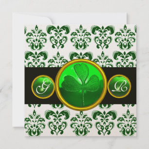 Convite GREEN WHITE DAMASK , SHAMROCK MONOGRAM Champagne