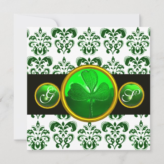Convite GREEN WHITE DAMASK , SHAMROCK MONOGRAM Rua Patrick (Frente)