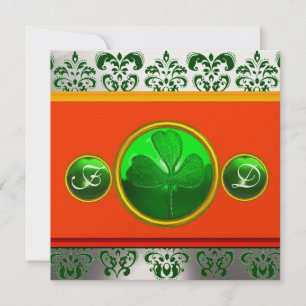 CONVITE GREEN WHITE ORANGE DAMASK, SHAMROCK MONOGRAMA