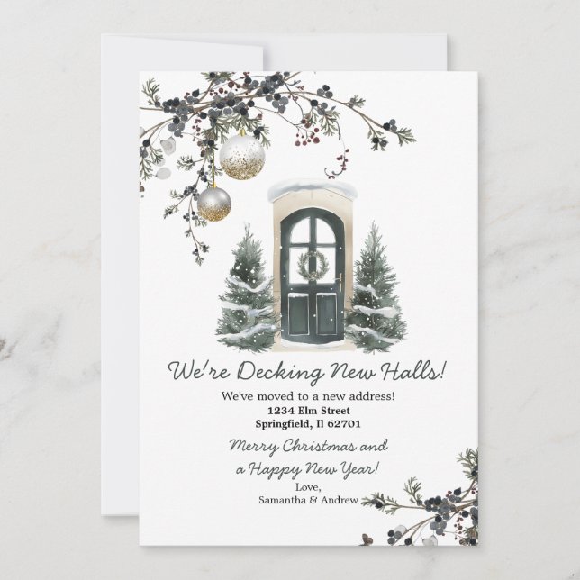 Convite Green Winter Christmas New Address Announcement (Frente)