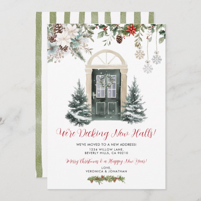 Convite Green Winter Christmas New Address Announcement (Frente/Verso)