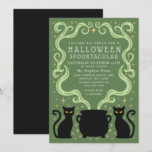 Convite Green Witchy Black Cat Cauldron Halloween Party (Frente/Verso)