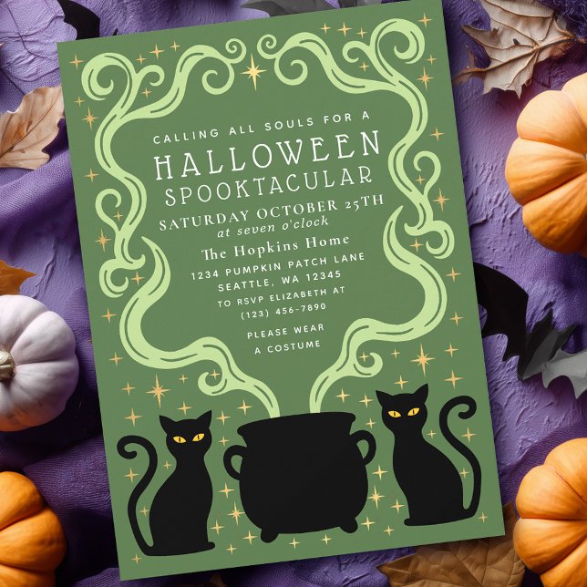 Convite Green Witchy Black Cat Cauldron Halloween Party (Criador carregado)